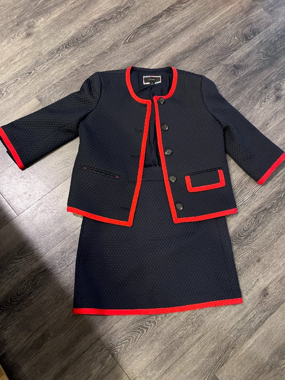 J.Crew Navy Skirt Suit Set Size 4 Red Trim Jacket and Skirt